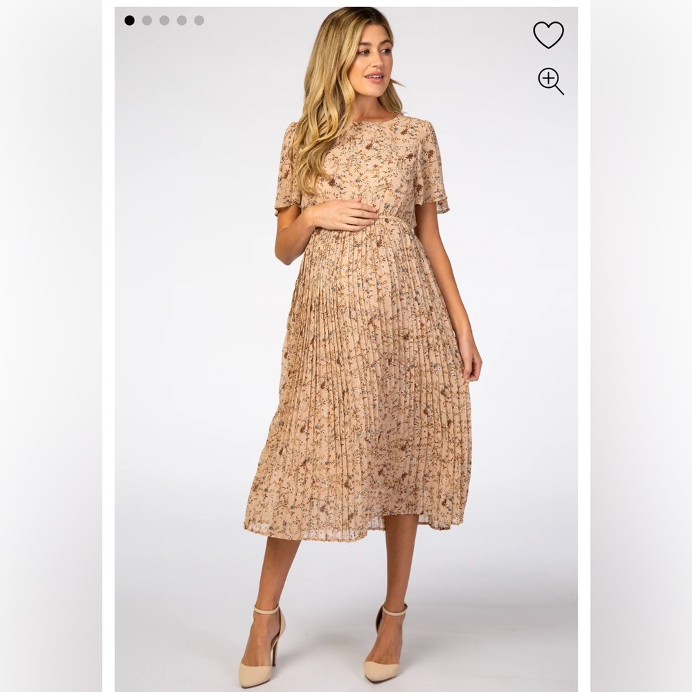 Beige Floral Pleated Short Sleeve Chiffon Maternity Midi Dress